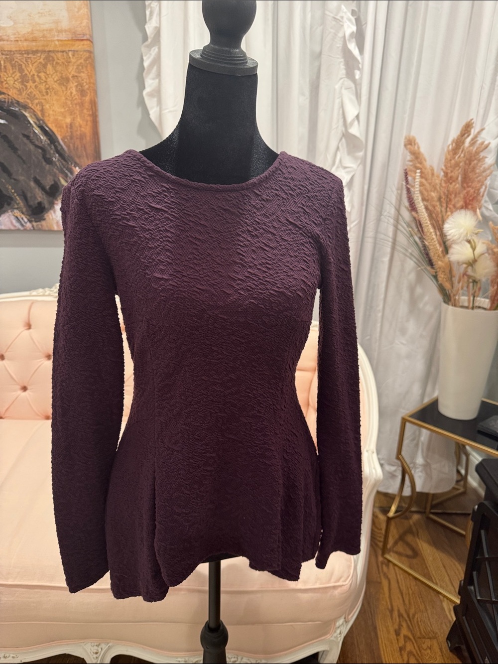 Armani Exchange Textured Long-Sleeve Peplum Top - Plum